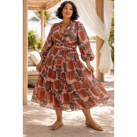Anthropologie Dresses & Skirts - Anthropologie Multicolor Print Wrap Top Midi Skirt Set Long Sleeve Size 22W